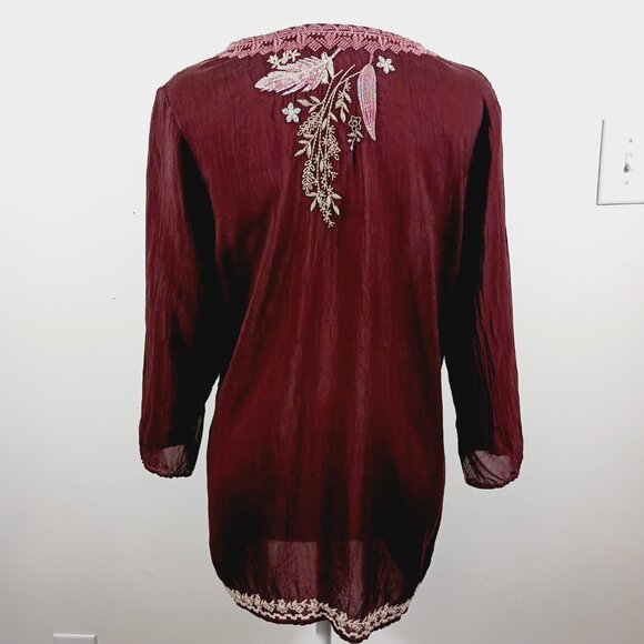 Johnny Was, Burgundy Brown Embroidered Boho Chic Top, Lt. Wt., Semi-Sheer, Small - Picture 4 of 16